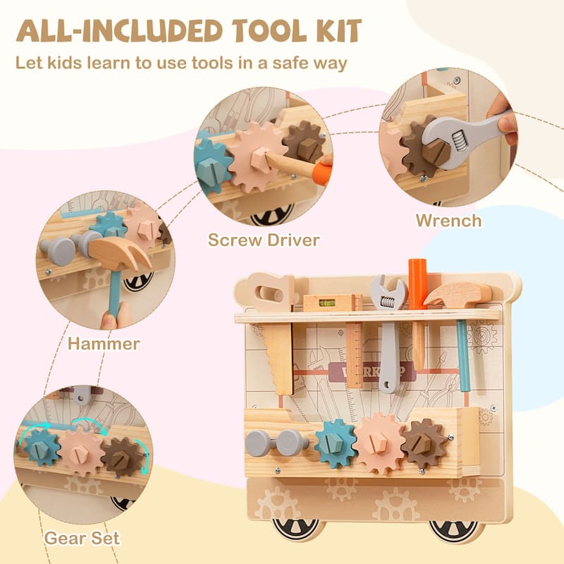 Gymax Wooden Sensory Wall Panel for Kids w/ Vanity Tool Box Play