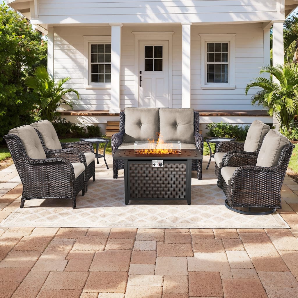 Gymojoy 8-Piece Outdoor Wicker Patio Furniture Set with Swivel Glider Rocker & 55,000 BTU CSA Propane Fire Pit