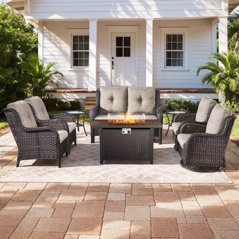 Gymojoy 8-Piece Outdoor Wicker Patio Furniture Set with Swivel Glider Rocker & 55,000 BTU CSA Propane Fire Pit - Brown Wicker / Beige Cusion - 8-Piece