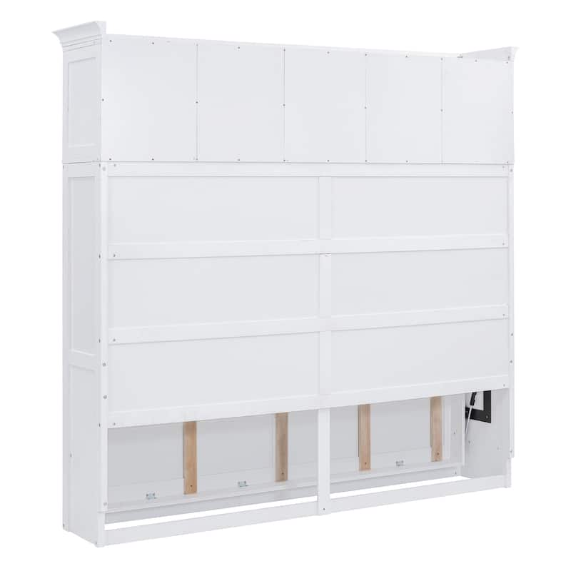 White Solid Wood Murphy Bed Chest with Top Cabinets, Storage Wall Platform Bed with Wood Slat Support/Space Saving, Queen