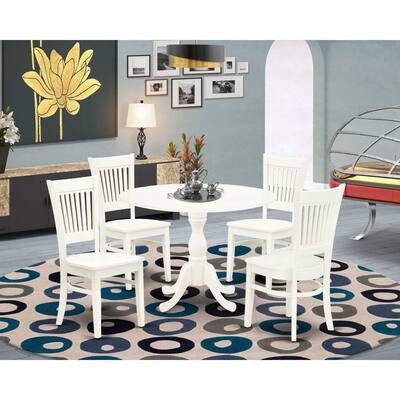 HomeStock 5-Piece Round Linen White Finish Solid Wood Top Dining table with 4 Chairs with Drop Leaf Slat Back