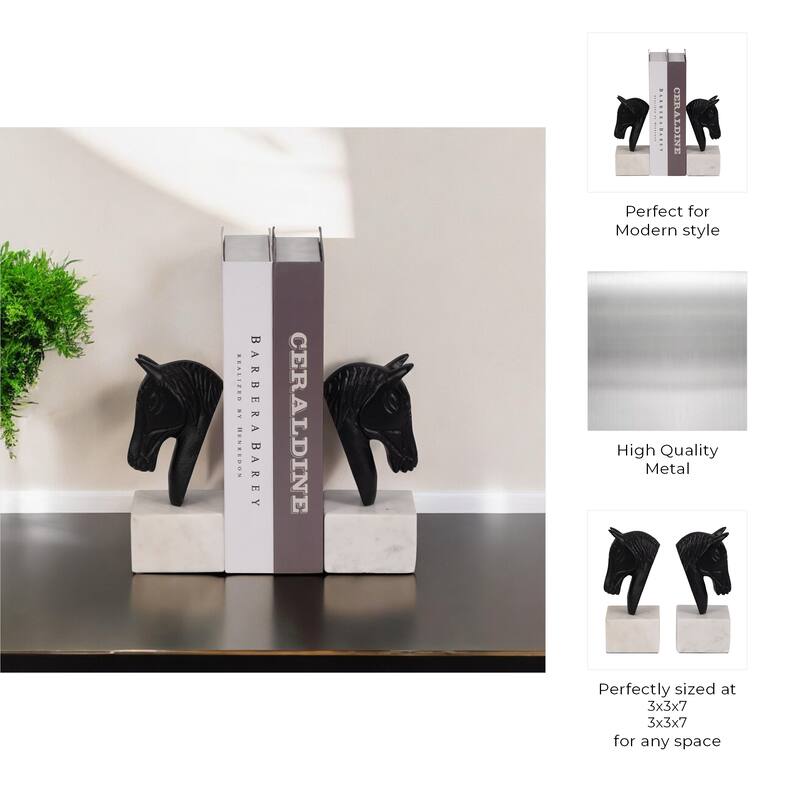 Sagebrook Home Bookends Metal & Marble Sculpted Horse Head Design 3x3x7" Black/White Modern Decor Black White Marble