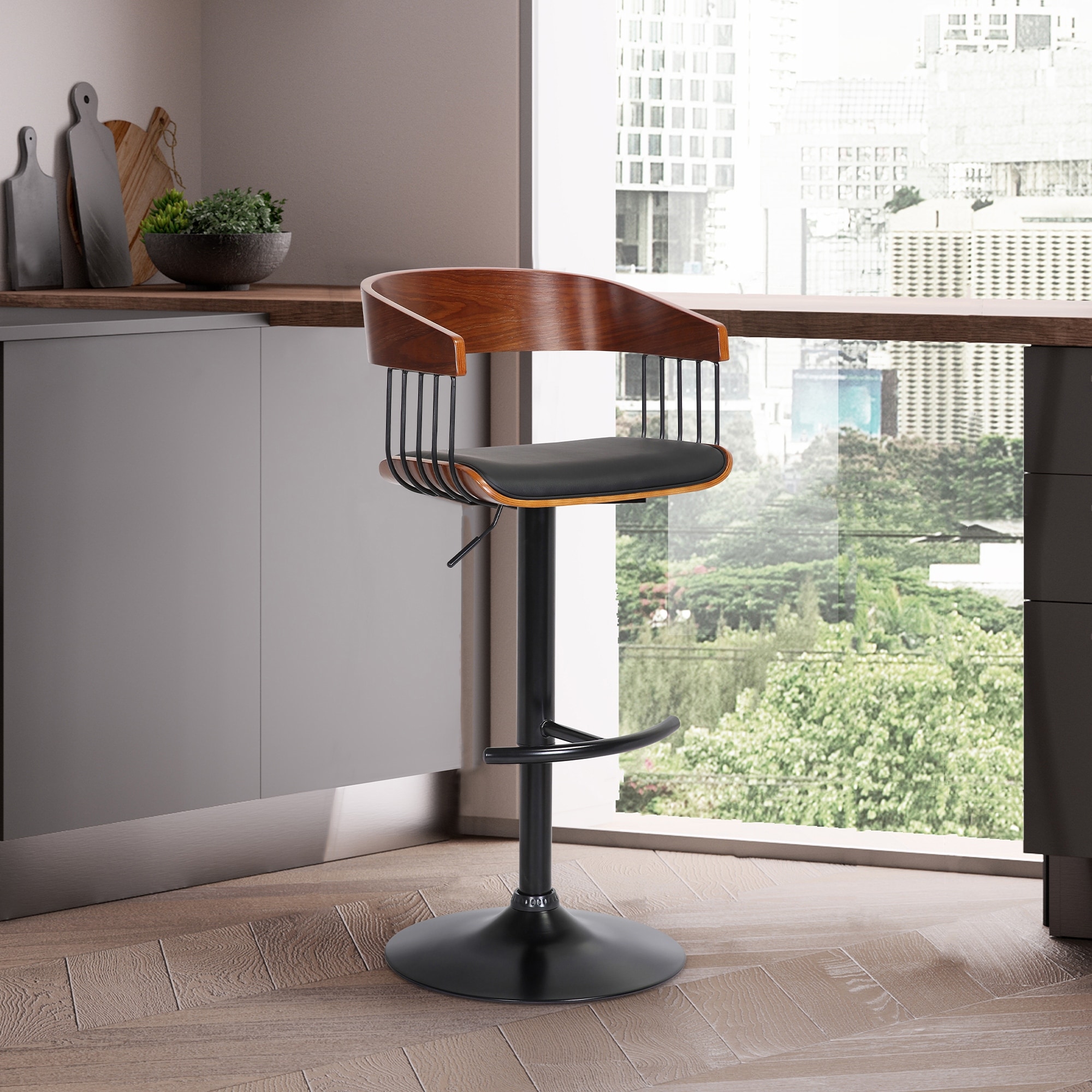 Larisa Upholstered Wood Adjustable Bar Stool with Black Metal Base