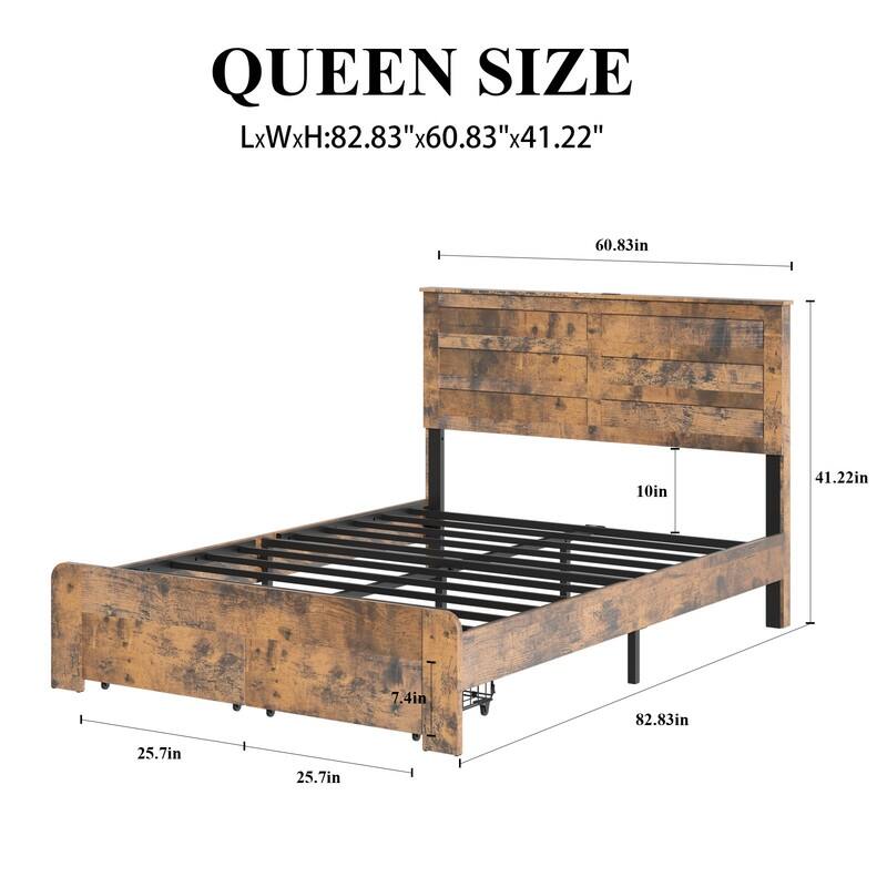 Rustic Wood Platform Bed Frame with 2 Storage Drawers