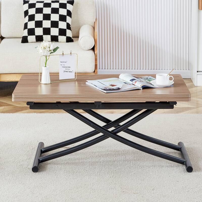 Modern Multifunctional Lift Table: 0.8" Wood Grain MDF Top & Black Metal Legs – Ideal as a Vanity, Coffee Table, Dining Table