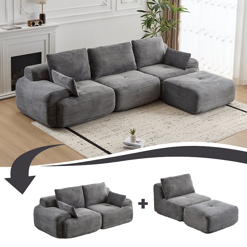 Ergonomic Deep Seat L-shaped Sectional Sofa with Chaise, Pet-Friendly Corduroy Modular Memory Foam Compressed Couch with Ottoman