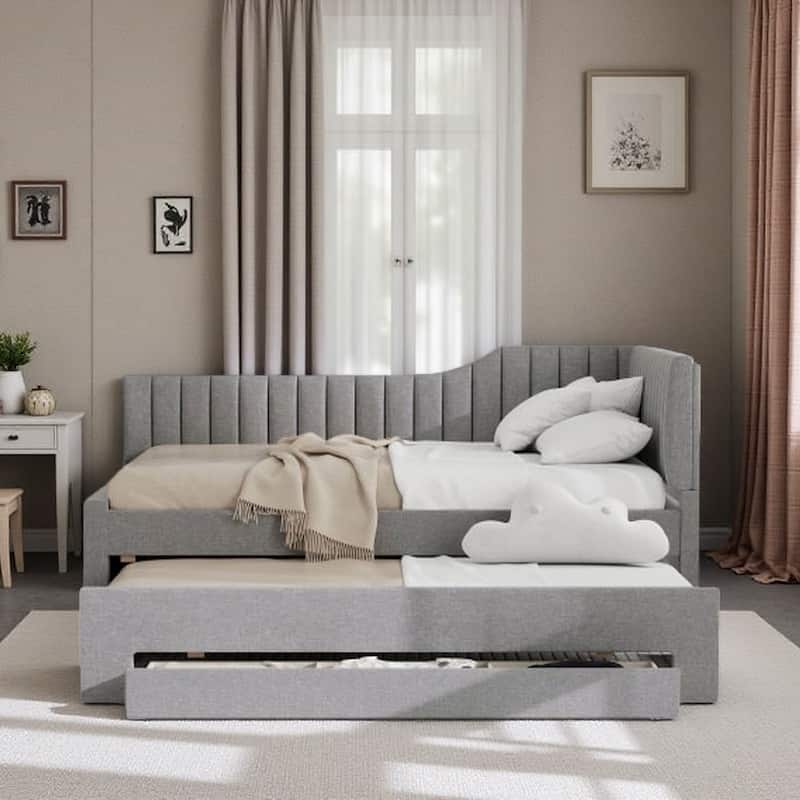 Twin Size Upholstered Daybed with Trundle and 3 Storage Drawers, Linen Blend Fabric - Full Gray - Full