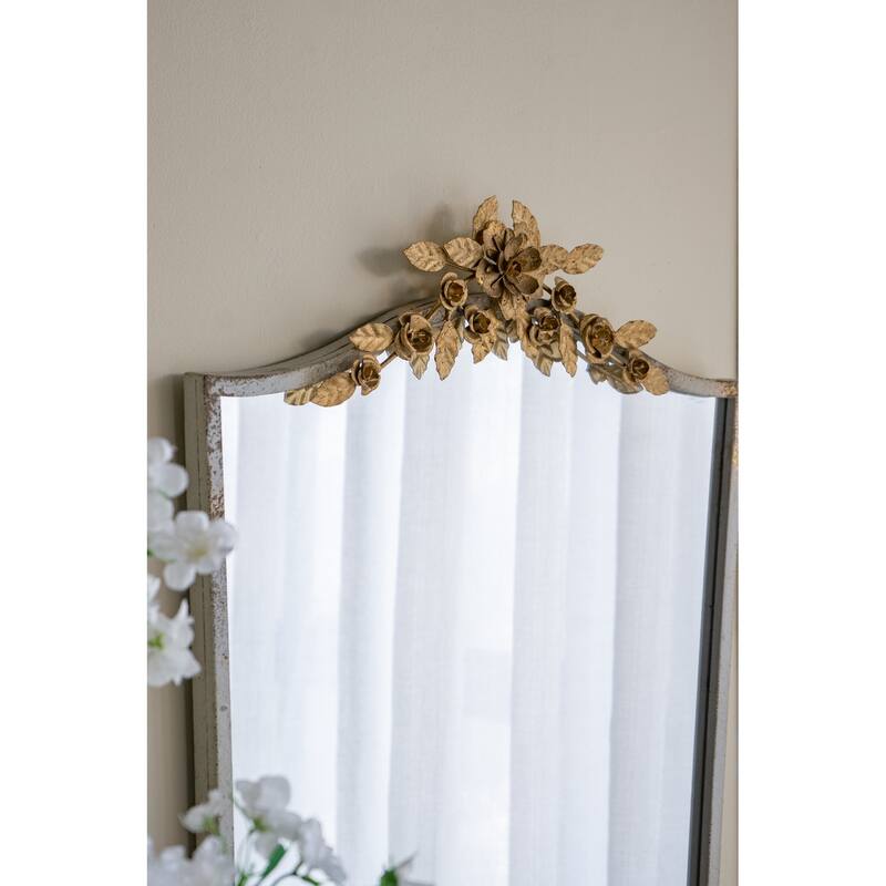 Decorative Arched Wall Mirror - Distressed Ivory Frame, Gold Floral Crown