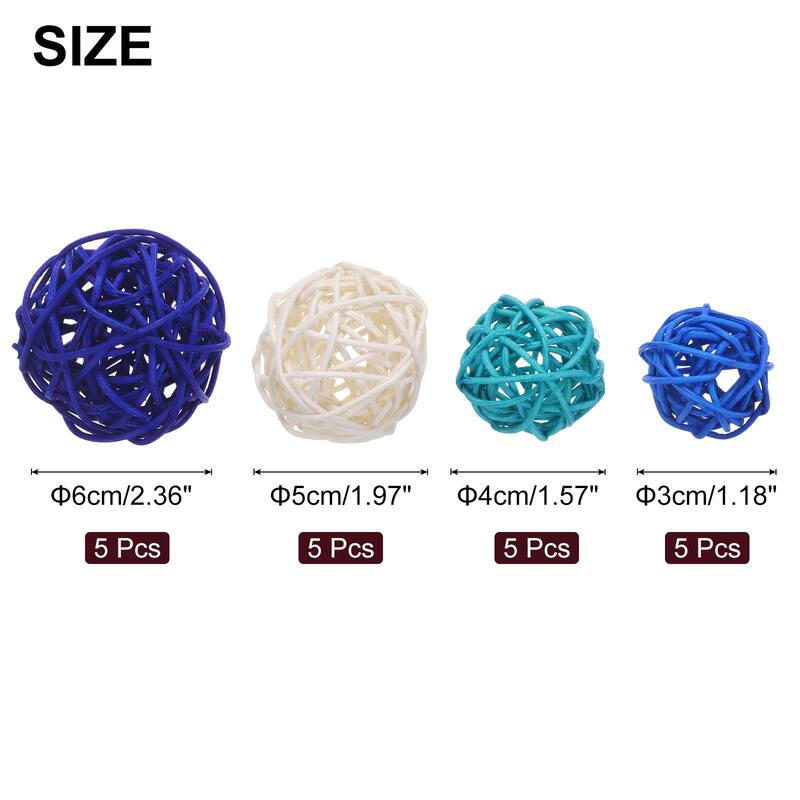 20 Pcs Vase Filler Decorative Balls, 2.4/2/1.6/1.2" Wicker Rattan Decor, Balls Bowl Fillers - Sapphire Blue/White/Sky Blue/Lake Blue