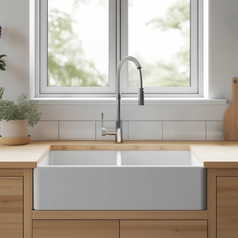 Turner Crisp White Fireclay 33" Double Bowl Farmhouse Apron Front Undermount Kitchen Sink and Drains