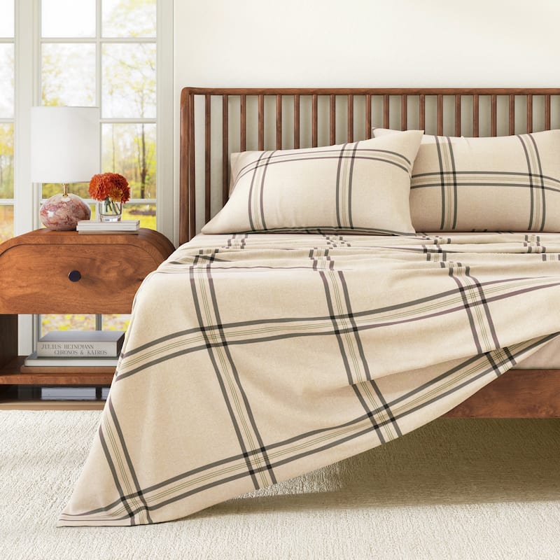 Linery & Co. Ultra-Soft Turkish Cotton Plaid Flannel Sheet Set - Full - Wide Plaid Blue & Tan