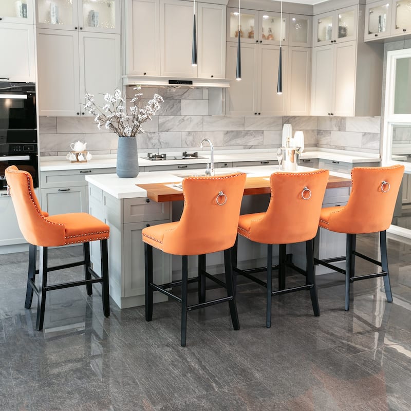 Velvet Bar Chairs Set of 2, Counter Height Bar Stools with Button Decor and Nailhead Trim, Dining Room Chairs with Back