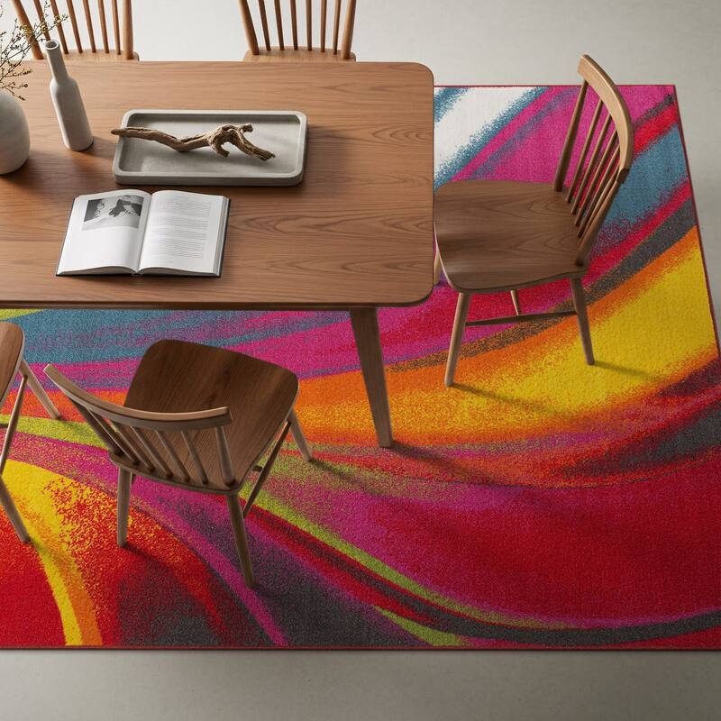 World Rug Gallery Modern Contemporary Waves Multicolored Non-slip Non-skid Area Rug