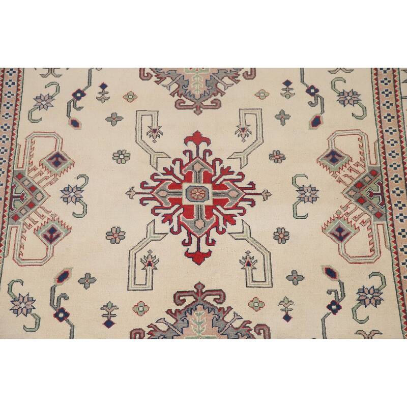 Hand Knotted Oriental 100% Wool Carpet Traditional Geometric Beige & Ivories Kazak Area Rug - 9' 7'' X 6' 7''