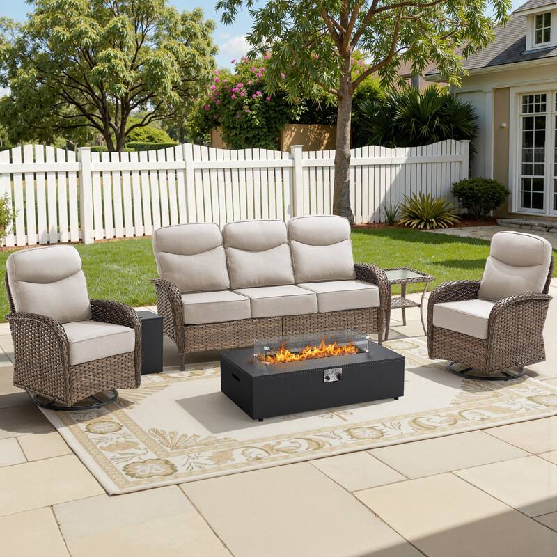 Meyreso 5-Piece Wicker Outdoor Patio Fire Pit Sofa Set with 6-Inch Thick Cushions