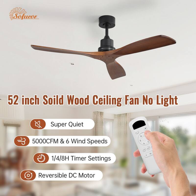Sofucor 48/52 Inch Ceiling Fan with Light, Solid Wood Blades for Living Room, Bedroom,Smart Optional