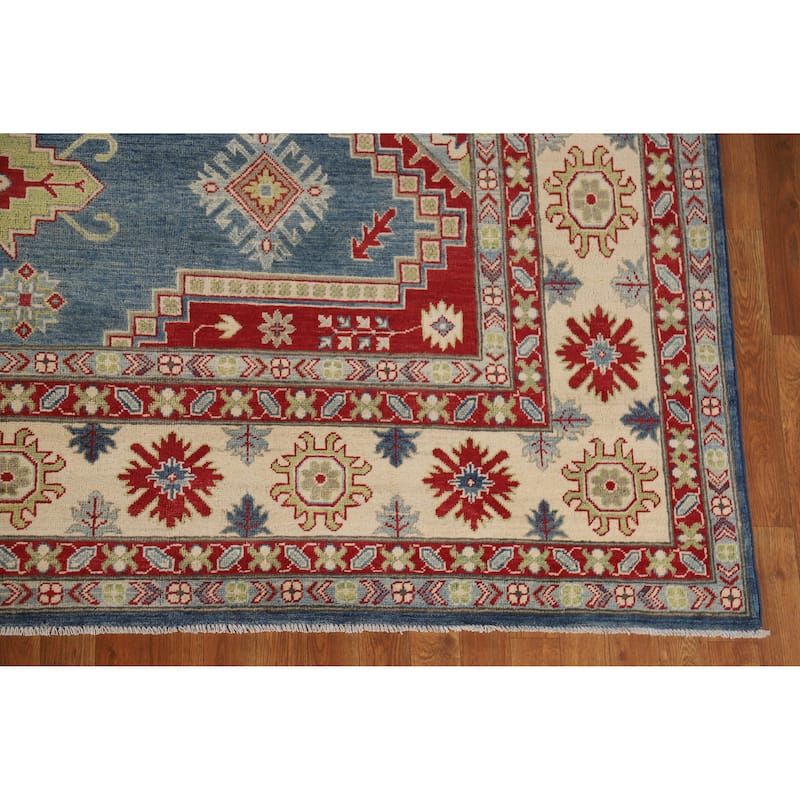 Hand Knotted Oriental 100% Wool Carpet Traditional Geometric Navy Blue & Blues Kazak Area Rug - 13' 7'' X 9' 10''