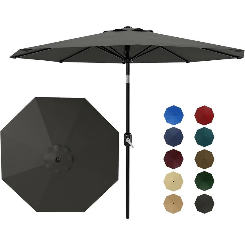 10Ft Patio Umbrella - 8 Sturdy Ribs Outdoor Table Umbrella with Crank Lift & Push Button Tilt - Grey