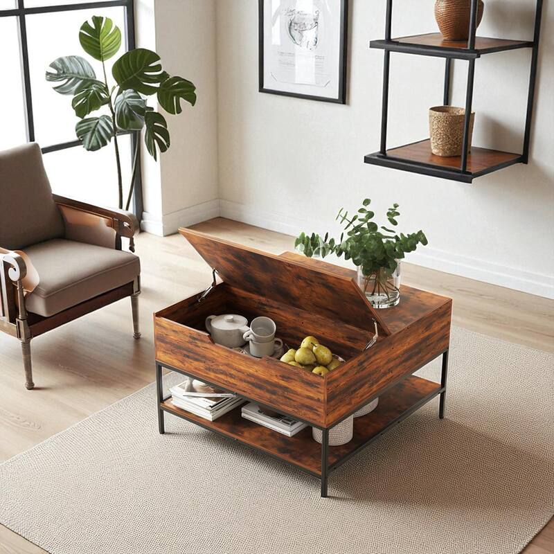 Flip-Top Coffee Table with Storage - 31.5" Lift-Top Rectangular Table with Hidden Compartment & Shelves