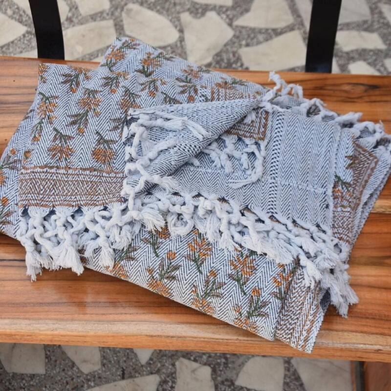 Fabdivine Deepika Handwoven Cotton Throw Blanket - Artisan Block Print, Decorative Sofa & Bed Accent with Fringe, 90"x54"