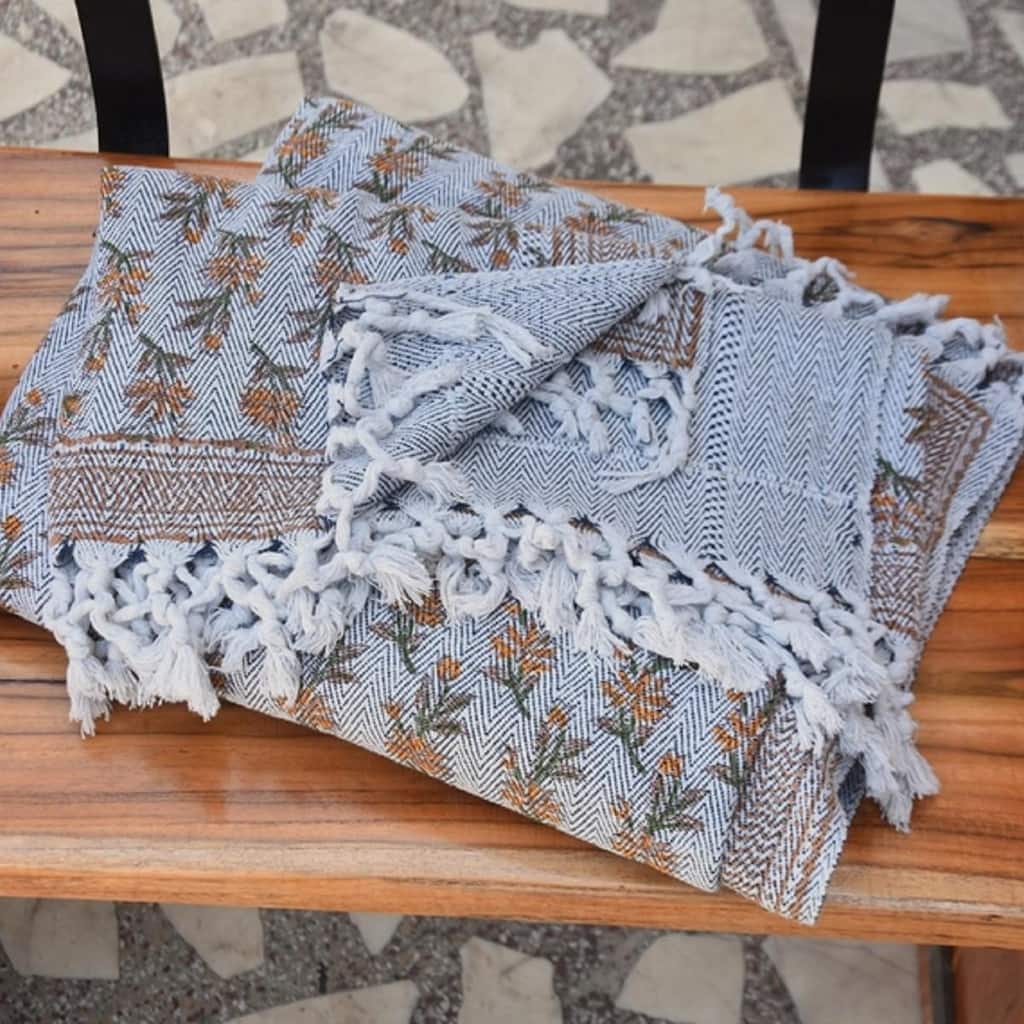 Fabdivine Deepika Handwoven Cotton Throw Blanket - Artisan Block Print, Decorative Sofa & Bed Accent with Fringe, 90"x54"