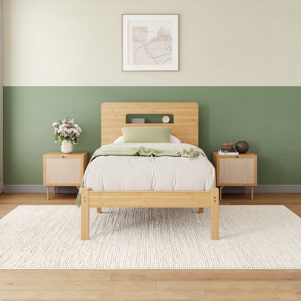 14" Heavy Duty Bamboo & Metal Platform Bed Frame with Headboard