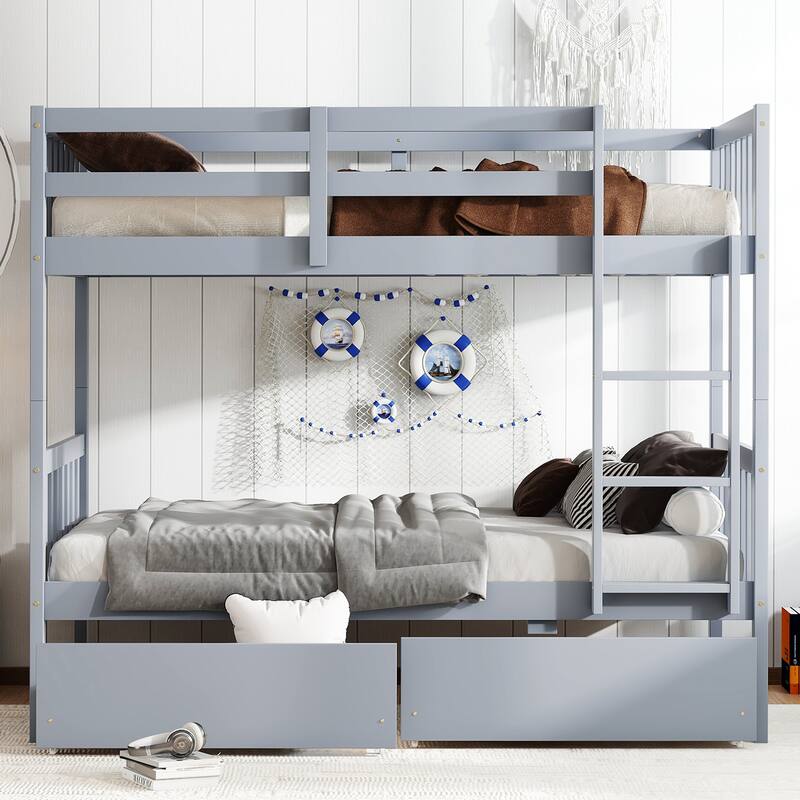 Twin Over Twin Rubber Wood Bunk Bed with 2 Drawers, Convertible into 2 Twin Beds - Grey