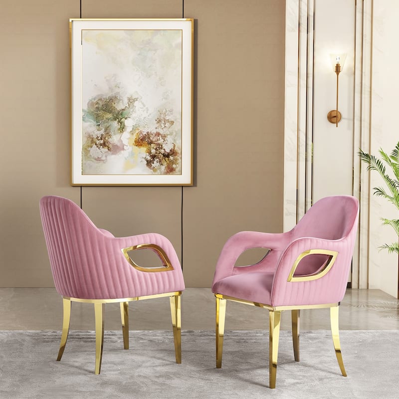 Armchairs Velvet Upholstered Side Chairs with Fox-EyeArmrests and Mirror Stainless Steel Legs - pink