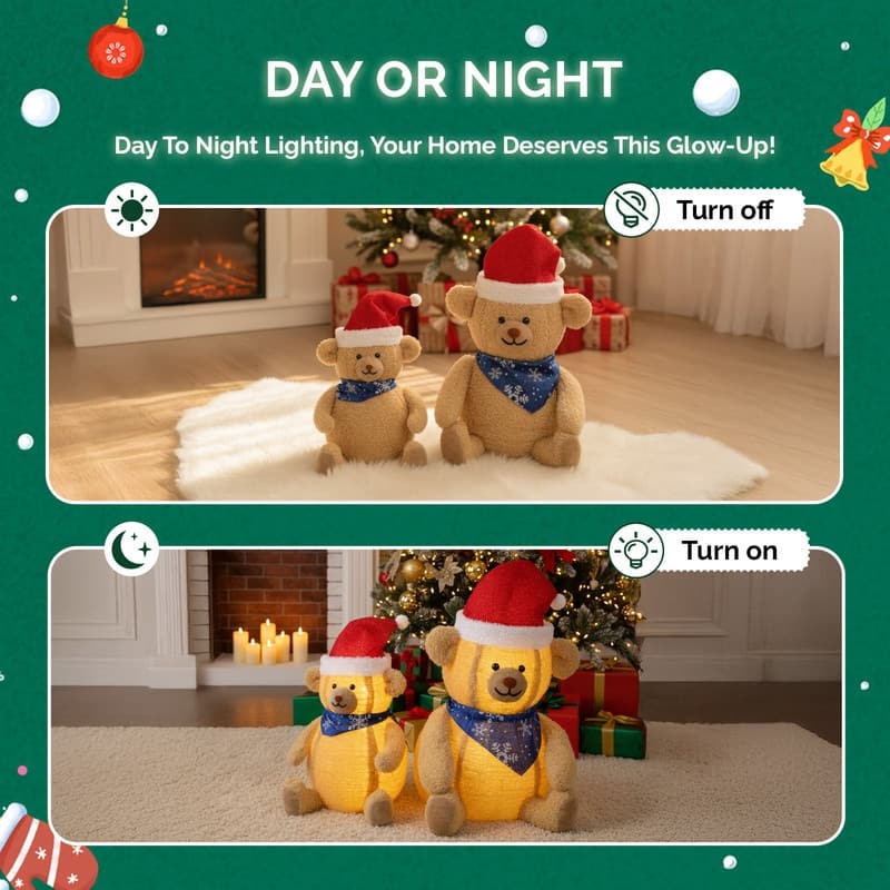 Set of 2 Lighted Plush Bear Christmas Decorations - 36 INCH
