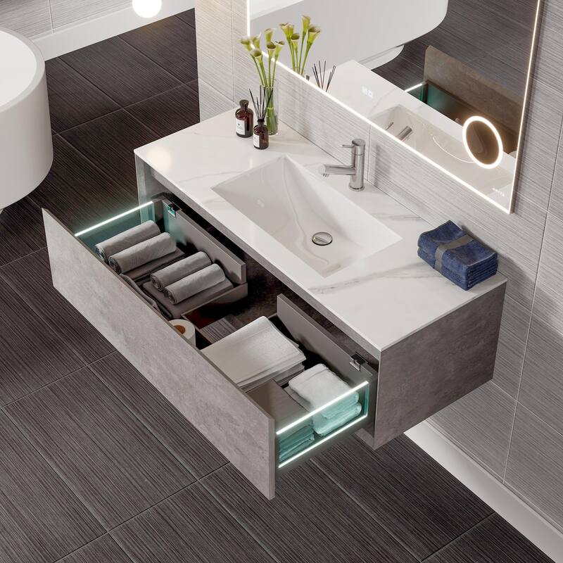 Aurora 36 in. Concrete Gray Wall Mount Single Sink Bath Vanity with Carrara Quartz Top and Undermount Porcelain Sink