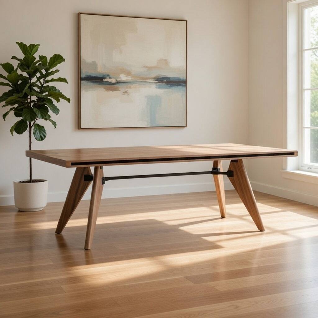 Cid Lane 87 Inch Dining Table, Walnut Brown Wood, Black Metal Rod Support