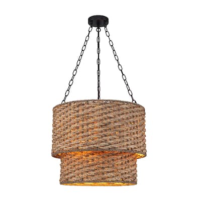 Tierra 4-Light Matte Black 2-Tiered Hand Woven Natural Rattan Chandelier Modern Ceiling Light - 20 Wide