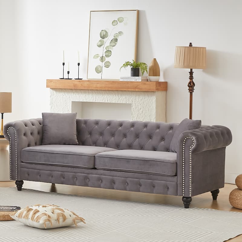 85.5"Living Room With Velvet Chesterfield Sofa With Rolled Arms 3 Seater Sofa With Button Design And 2 Cushions