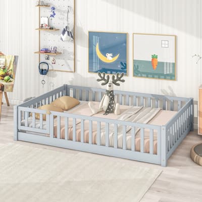Full Size Floor Bed with Fence and Door,Rubber Wood Floor Bed with Safety Guardrails