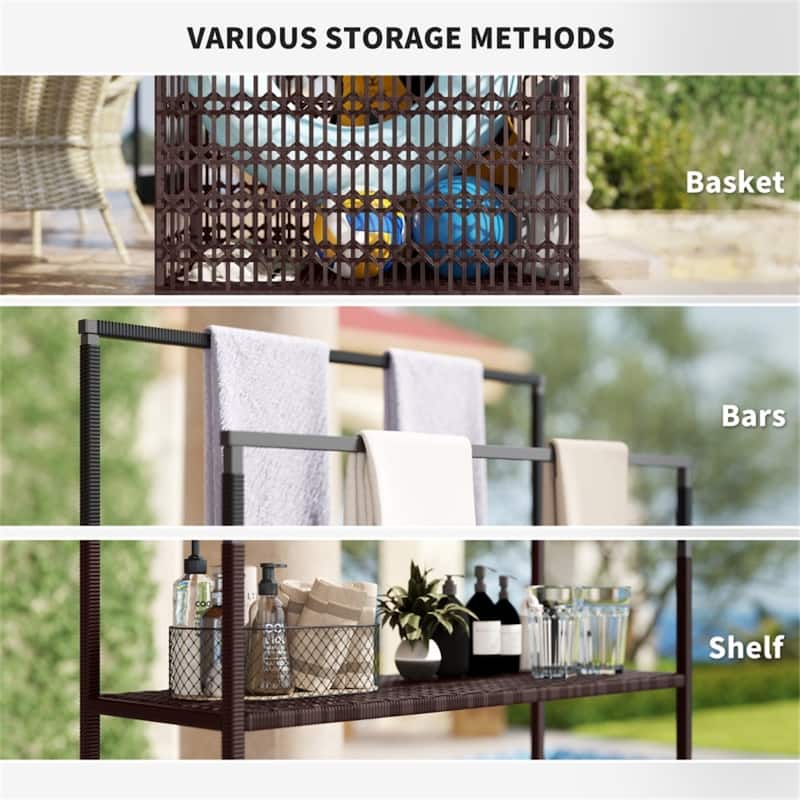Mixed-Brown PE Rattan Pool Storage Basket with Steel Frame and Wheels - 34.6" W x 22.8" D x 59.4" H
