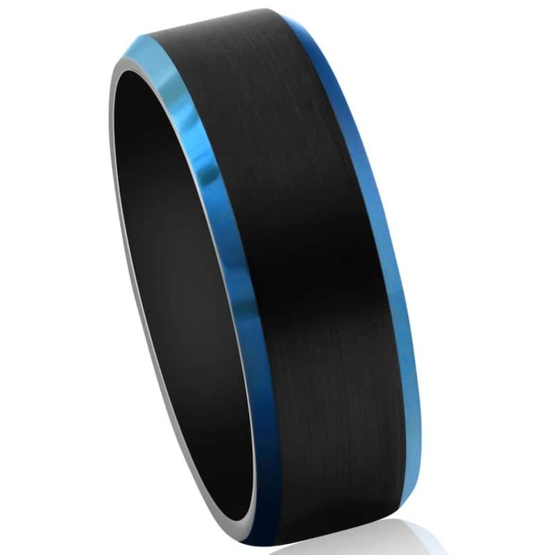 Men's Brushed Black Tungsten Ring Blue Polished Beveled Edge 8mm Wedding Band