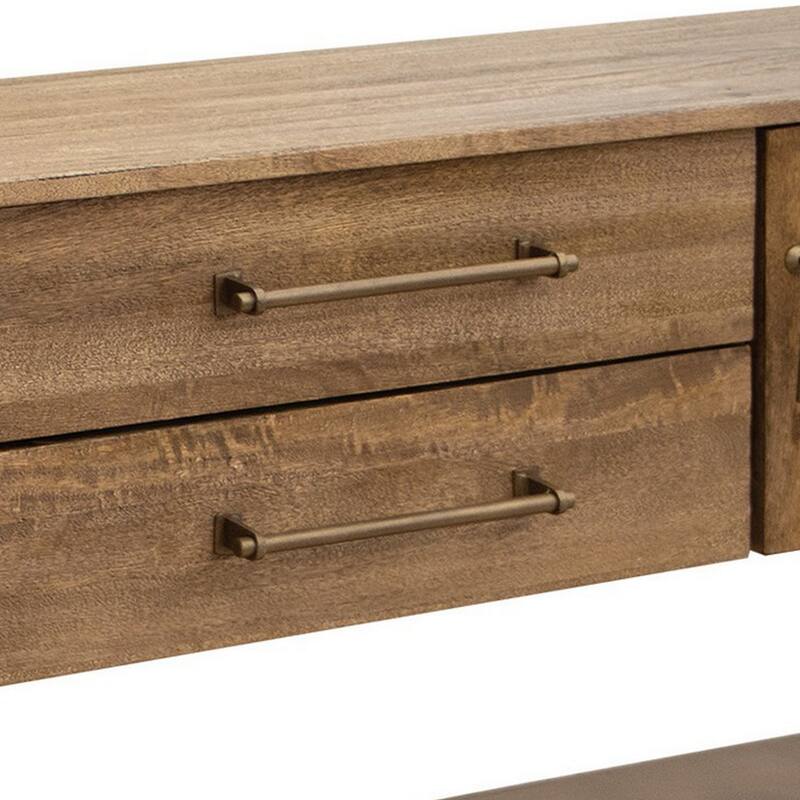 Olum 60 Inch Sofa Table, 2 Drawers, Lower Shelf, Solid Mango Wood, Brown