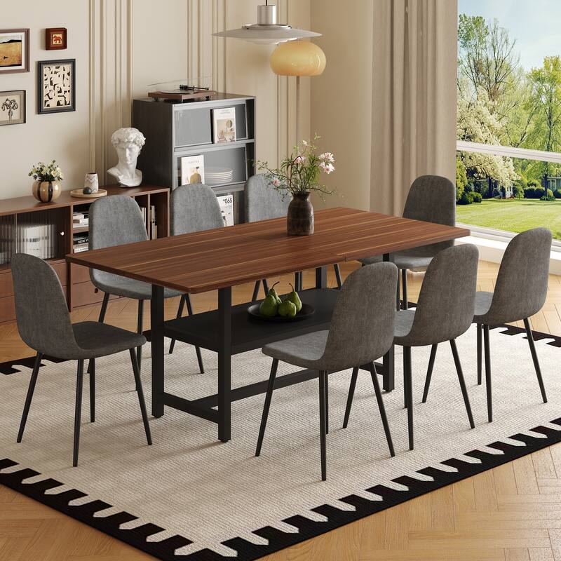 9-Piece Modern Dining Table Set, 71x35.4 Inch Wood Grain Table & 8 Linen-Cotton Dining Chairs