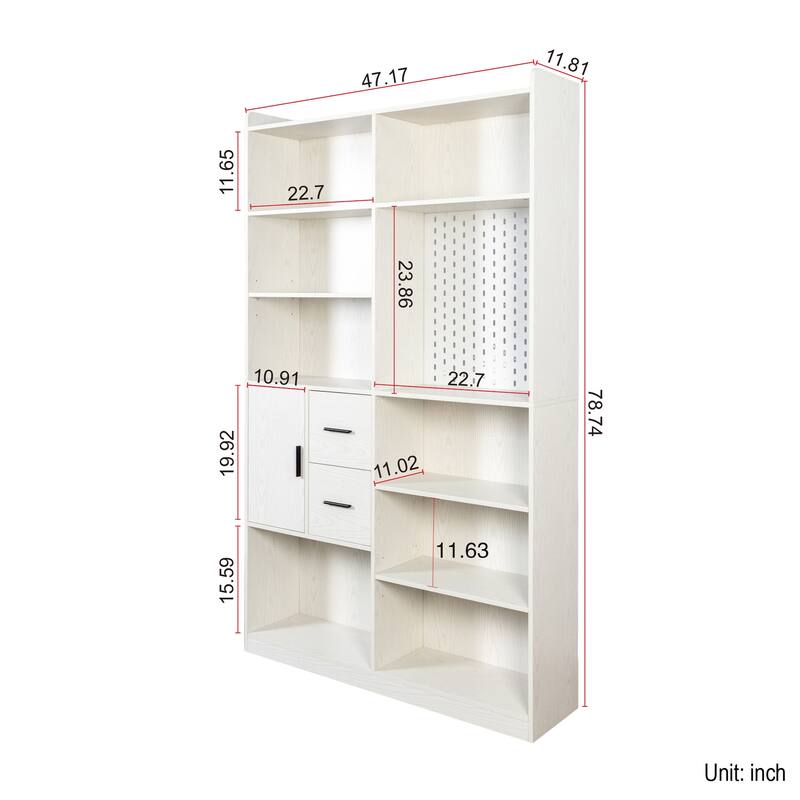Bookshelf and Bookcase with Pegboard and Drawer,9 Cubby Display Book Shelves, Modern Wide Wood Shelving Unit