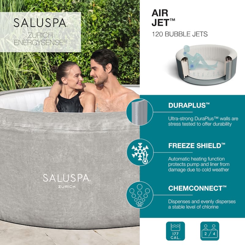 Bestway SaluSpa Zurich AirJet Inflatable Hot Tub with 120 Soothing Jets, Gray - 71in. X 26in.