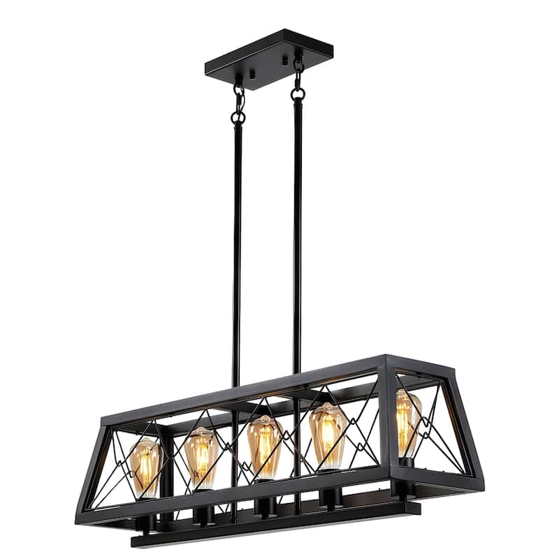 Black Wood Farmhouse Rectangle Linear Island Chandelier