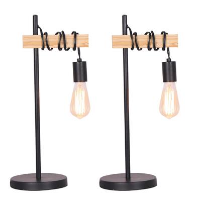 Hanging Bulb Wood and Metal Frame Table Lamp, Set of 2, Brown and Black