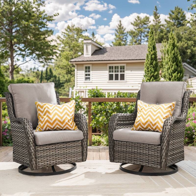 Gymojoy Wicker Swivel Glider Chair Outdoor Rocking Seating with Olefin Cushions - Grey Wicker / Beige Cusion - 2-Piece