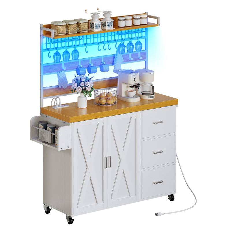 Moasis Large Rolling Kitchen Island Bakers Rack with Power Outlet, LED Light & Tall Shelf