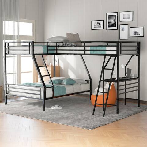 Metal Bunk Bed with a Twin Size Loft Bed attached, with a Desk, Black