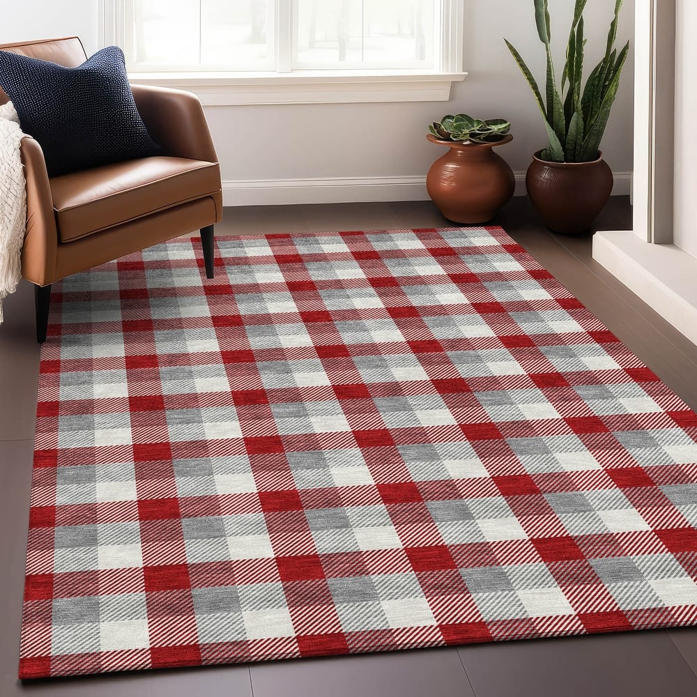 Machine Washable Indoor/ Outdoor Plaid Chantille Rug