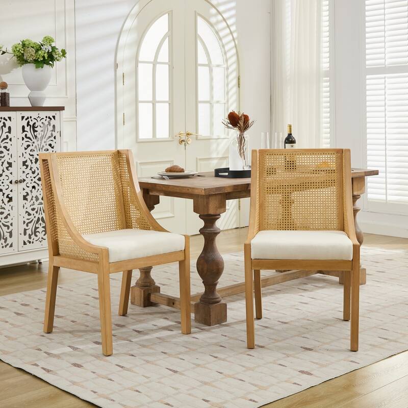 Rattan Dining Chairs, Solid Wood Frame with Decorative Armrests, Linen Upholstered Seat, Wooden Style Side Chairs,Single Pack