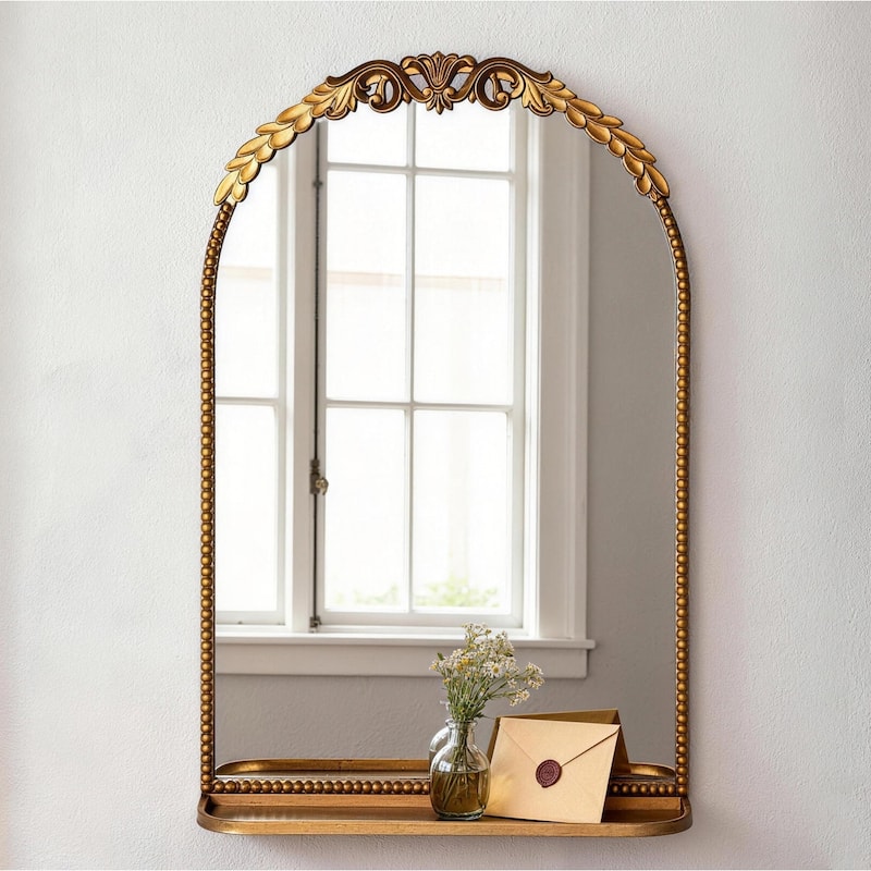 Ornate Arch Top Metal Framed Wall Mirror with Shelf - Antique Gold