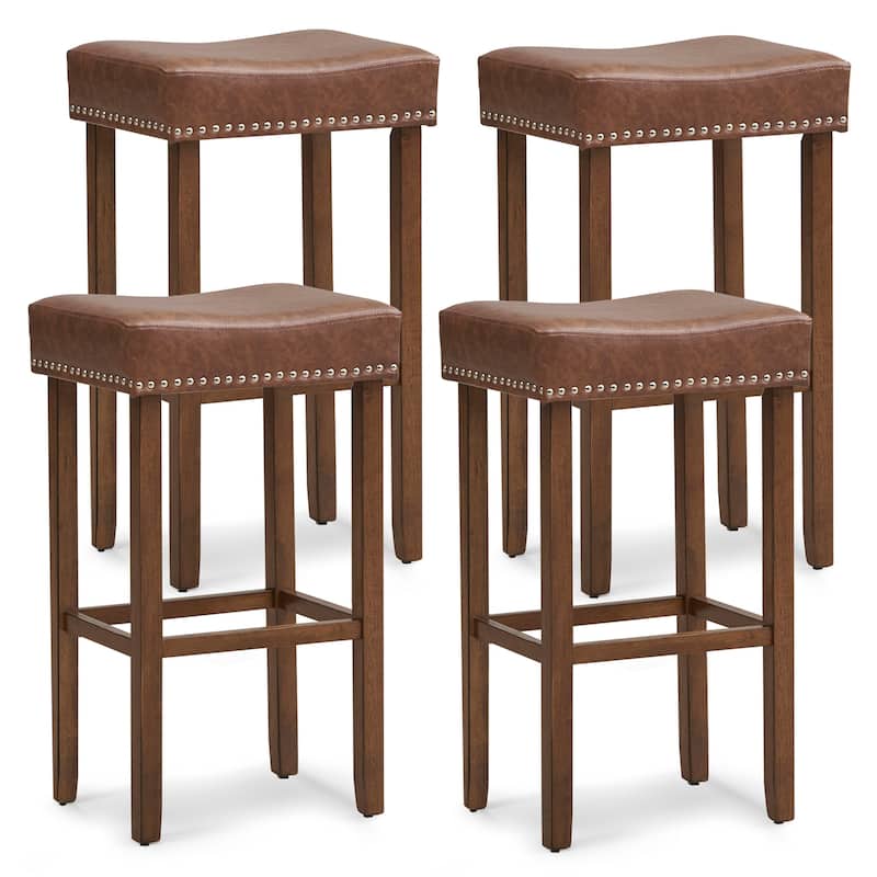 Gymax 4PCS 29.5'' Bar Stool Set Counter Height Saddle Stools w/ Rubber - Bar Height - Brown - Set of 4