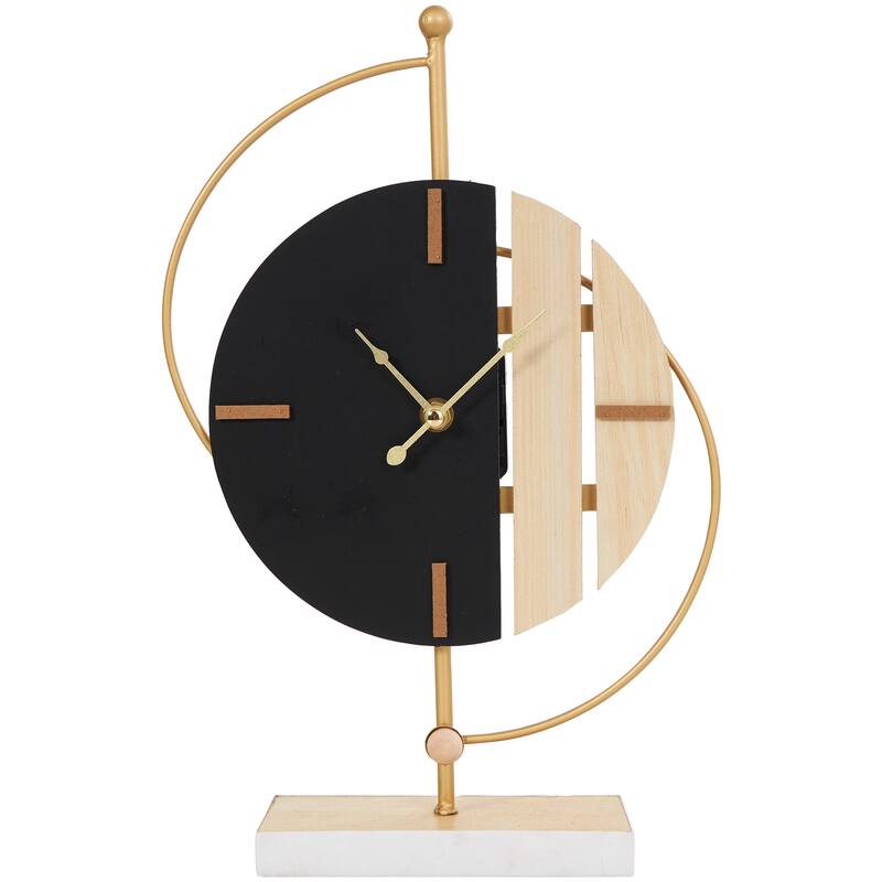 CosmoLiving by Cosmopolitan Black Wooden Two-Toned Geometric Decorative Clock with Wood Accents and Gold Semicircle Frame